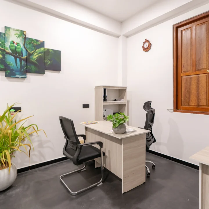 Modern office reception area with desk and indoor plants – Arice Eco Villa Unawatuna