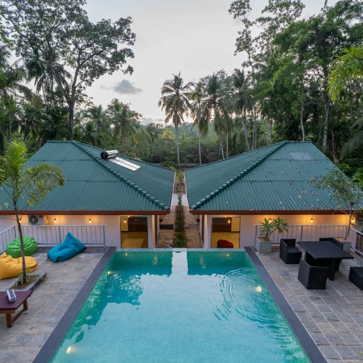 Twin-roof villa layout with pool and palm trees at Arice Eco Villa Sri Lanka