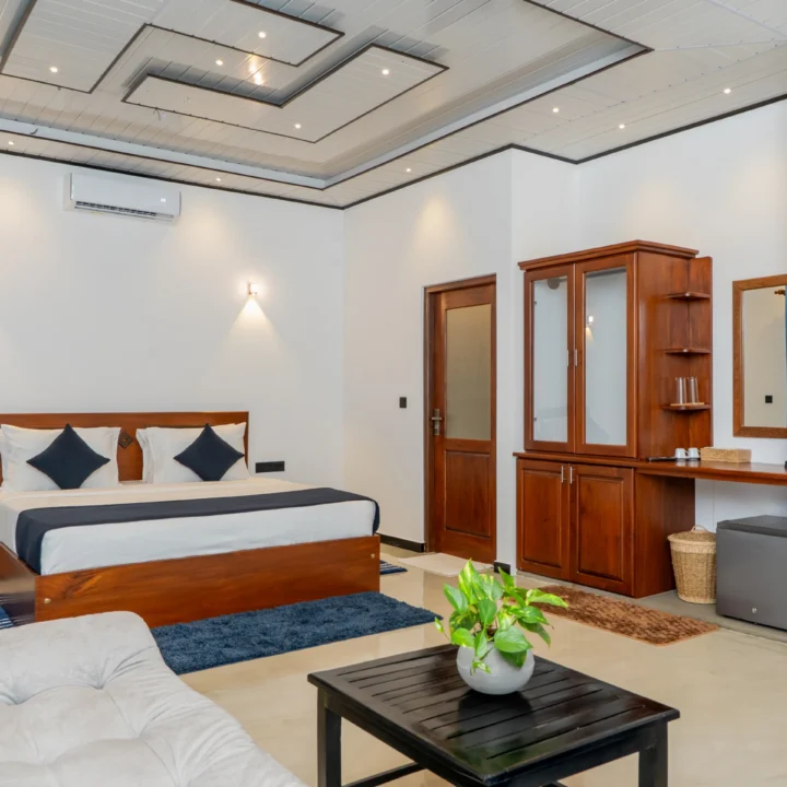 Bright king bedroom with wooden furniture and stylish ceiling design