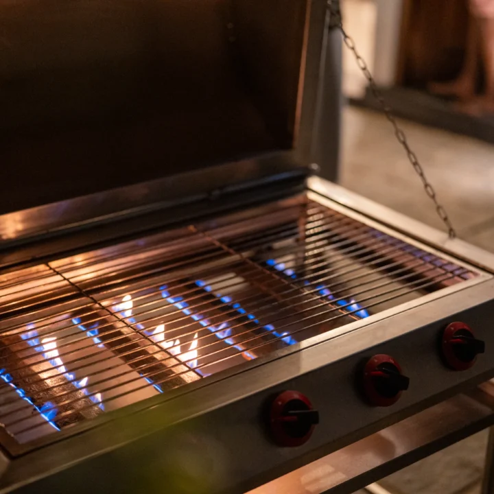 Close-up of pool entrance steps with metal handrail – Arice Eco Villa